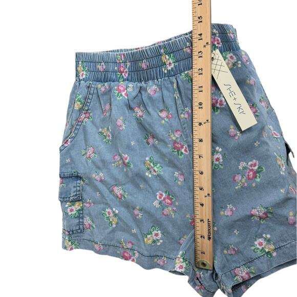 She and Sky Floral Chambray Shorts Blue Drawstring Waist‎ Women's Medium New - Picture 5 of 8